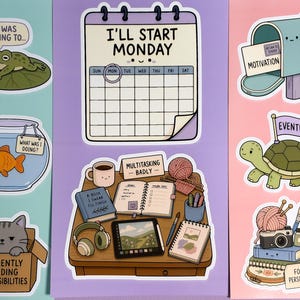 May include: A sticker sheet featuring a purple calendar with the text I'LL START MONDAY and a desk scene with a mug, book labelled A BOOK I SWEAR I'LL FINISH, open planner labelled MULTITASKING BADLY, yarn, headphones, tablet, and sketchbook.