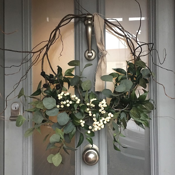 Faux Eucalyptus, White Berry Everlasting, Christmas Wreath, Handmade Wreath, Home Decor, Sustainable Decor, Timeless Wreaths