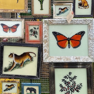 May include: A collection of framed artwork featuring various designs, including butterflies, tigers, and plants. The frames are in various colours and styles, including black, white, and gold.