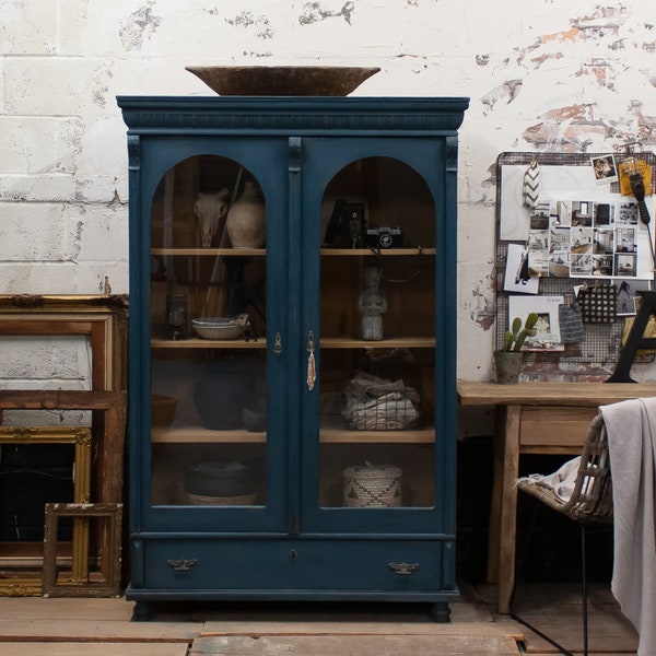 Vintage Display Cabinet, Hand Painted Hungarian Cupboard, Drinks Cabinet, Old Linen Cupboard, Antique Farmhouse Kitchen Larder Cupboard