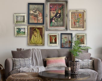 May include: A living room featuring a grey sofa and a coffee table. The wall is adorned with framed artwork, including a painting of a woman in a yellow shawl, a painting of a woman in a green dress, and a painting of flowers. A potted plant stands on the floor.