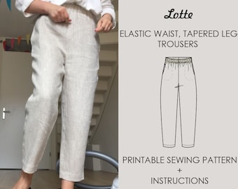 Womens Linen Trousers Pants High Waisted Elastic Waistband Inseam Pockets PDF Sewing Pattern Ankles Length  Sizes :  us 2 - 22,  eu 34 - 54