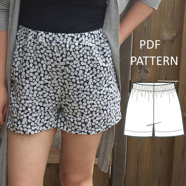 Simple Womens  High Waisted Shorts With Elastic Waistband PDF Sewing Pattern-With Inseam Pockets Option : us 2 - 22, uk  6 - 26 , eu 34 - 54