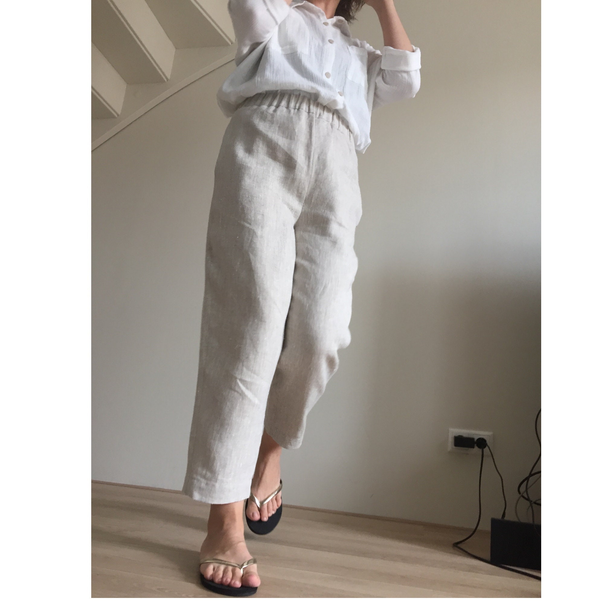 Womens Linen Trousers Pants High Waisted Elastic Waistband Inseam Pockets  PDF Sewing Pattern Ankles Length Sizes : Us 2 22, Eu 34 54 