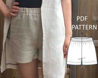 Pantalones cortos sencillos de cintura alta para mujer con cinturilla elástica Patrón de costura en PDF, con opción de bolsillos en la entrepierna - us 2 - 22, uk 6 - 26, eu 34 - 54