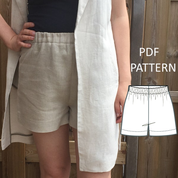 Simple Womens High Waisted Shorts With Elastic Waistband PDF Sewing Pattern-With Inseam Pockets Option -  us 2 - 22, uk  6 - 26 , eu 34 - 54