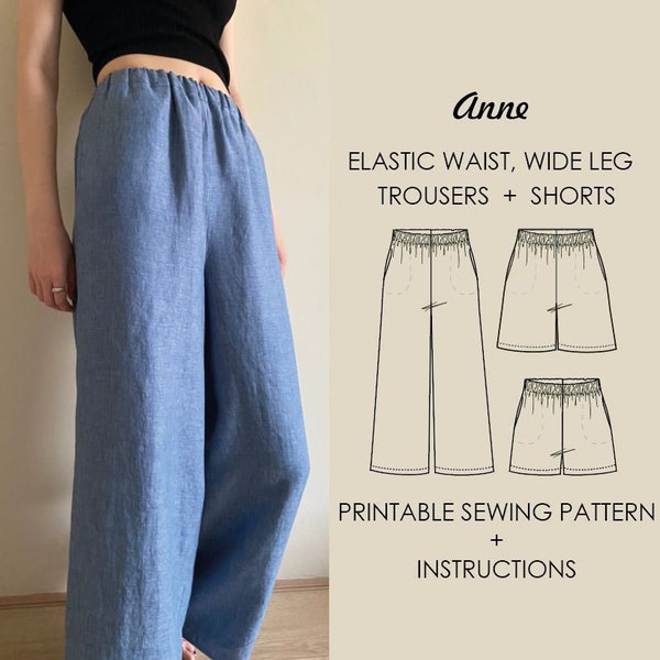 Womens Linen Trousers Pants Shorts High Waisted Elastic Waistband Inseam Pockets PDF Sewing Pattern  Sizes :  us 2 - 20,  eu 34 - 52