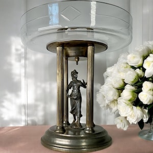 Art Nouveau German Biedermeier Etched Glass Centerpiece Bowl On Brass  Base
