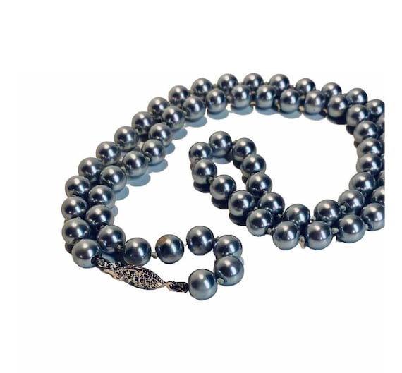 Vintage Blue Satin Glass Faux Pearl Hand Knotted … - image 2