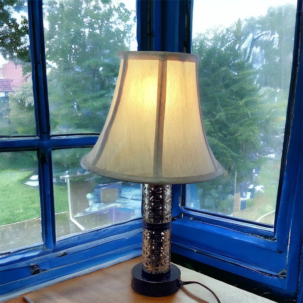 Mid Century Small Perforated Gold and Black Metal Dresser Table Lamp