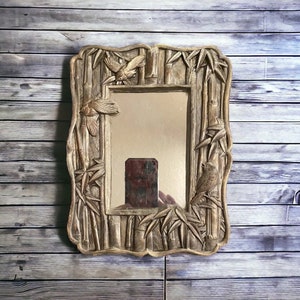 Vintage Heavy Carved Resin Wall Art Mirror Bamboo Bird Design