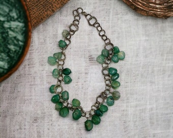 Vintage Silver Tone Green Stone Charm Necklace