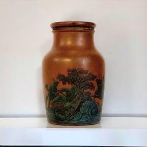 Mid 19th Century English Prattware Transferware Pottery Potted Meat Jar Wild Boar Hunting Scene
