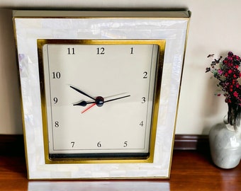 Vintage Mother Of Pearl Brass Quartz Analog Desk Clock