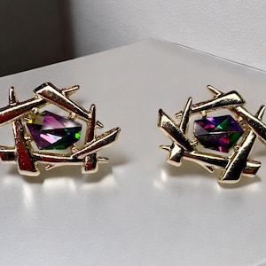 Vintage Sarah Coventry Watermelon Rhinestone Asian Inspired Silver Tone Earrings