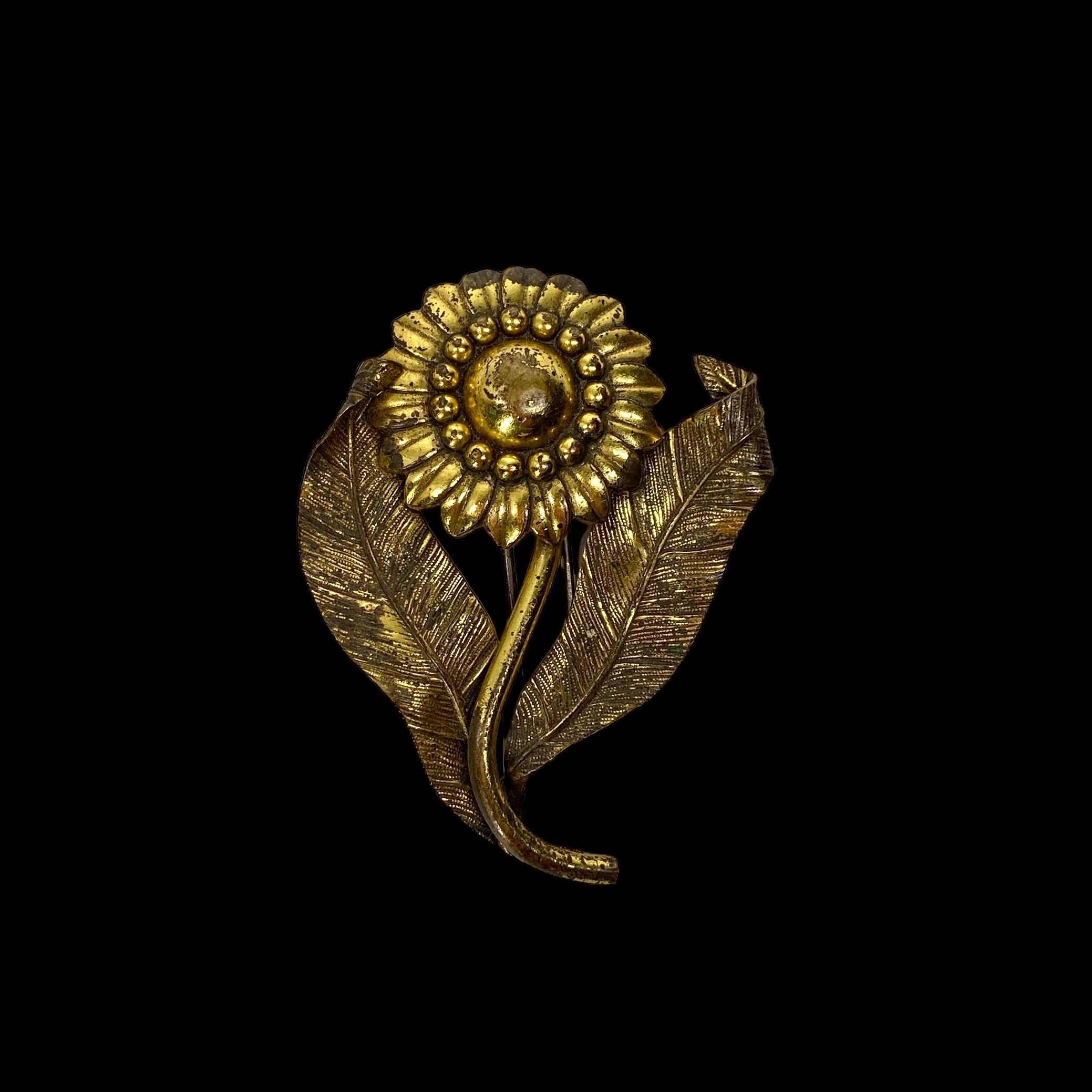 Broche Art Déco Deux Fleurs En Laiton Doré Et Strass — Style Années 1930 — Occasion En Bon état