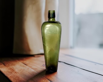 Antique Olive Green Case Gin Bottle, 1880s Hand Blown Dutch Glass Van Hoytema, Historic Shipwreck Style Maritime Decor, 9 Inch Tapered Gin