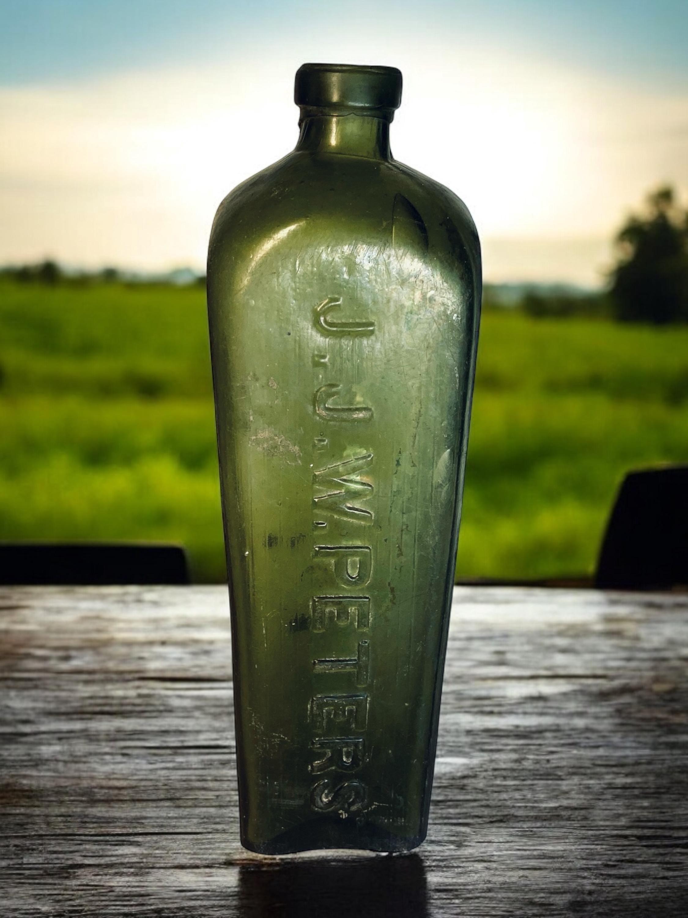 Antique Olive Green J.J.W. Peters Gin Bottle Hand Blown 1880