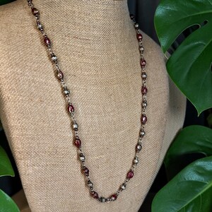 Vintage Red Enamel Station Necklace, Silver Tone Filigree Wire Cage Bead Chain, Long Art Deco Revival Layering Sautoir Flapper Necklace