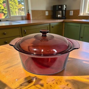 Vintage Corning Visions Cranberry 5 Qt Dutch Oven, Ruby Purple Glass Stock Pot with Pyrex Lid & Original Box, Retro Kitchen Cookware