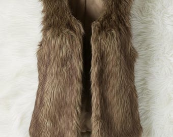 Faux Fur Vest Brown Shaggy Boho Glam Layering Piece Size Small