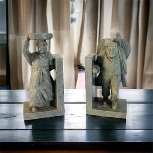 Vintage Carved Stone Asian Man & Woman Figurine Bookends HEAVY