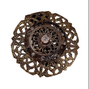 Antique Art Deco Brass Filigree Clear Rhinestone Dress Clip