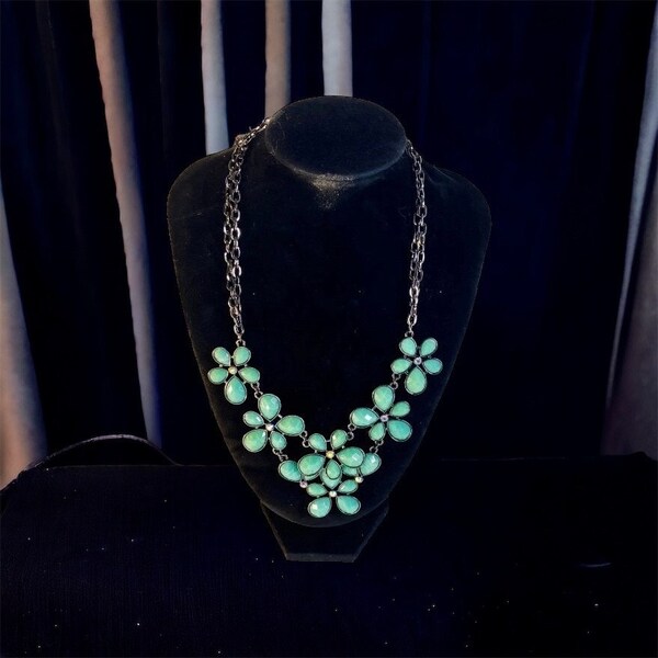 Teal Green Flower Aurora Borealis Rhinestone Bib Statement Necklace