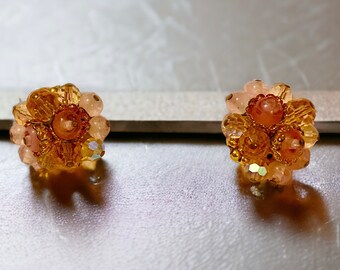 Boucles D'oreilles Clips Vintage En Or - Perles De Verre Roses - Réf. 3212 - Très Bon état Occasion