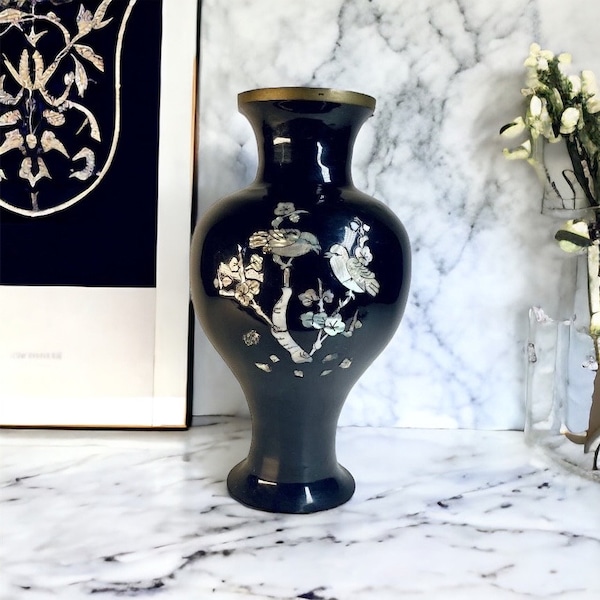 Vintage Asian Black Lacquered Mother Of Pearl Inlay Brass Vase