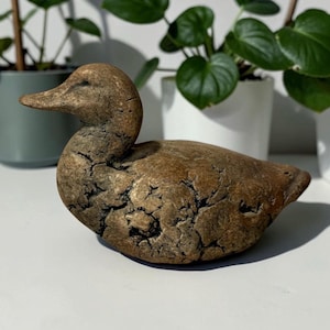 May include: A brown duck figurine with a textured, weathered surface featuring deep cracks and a matte finish. The sculpture is shaped like a swimming duck with a smooth head and neck, transitioning into a rough, craggy body texture.