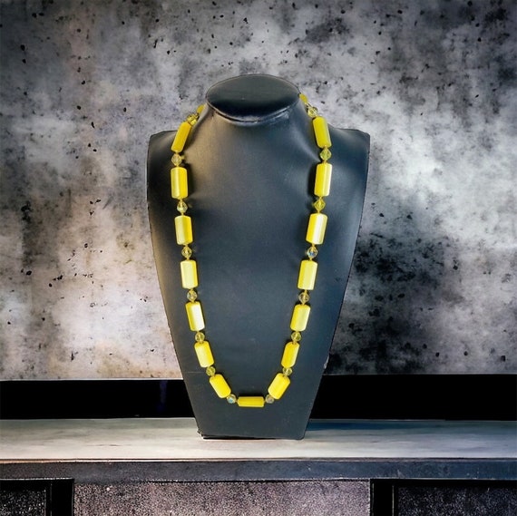 Vintage Yellow Lucite Crystal Beaded Necklace Marked Japan