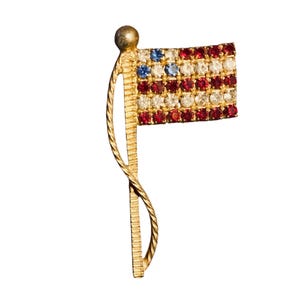 Vintage United States American Rhinestone  Red White & Blue Flag Pin Brooch