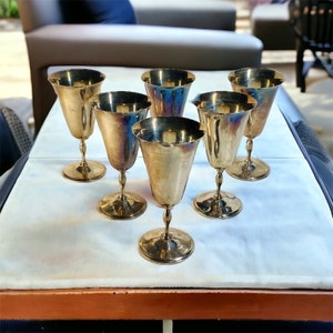 Vintage Primrose E.P. Brass Silver Plate Stemmed Wine Goblets Chalices Set If 6