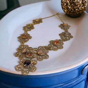 Vintage Handmade German Silver Filigree Semi Precious Stones Statement Necklace