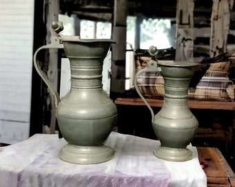 Pair of French Pewter Pitchers with Acorn Design Handles Vintage