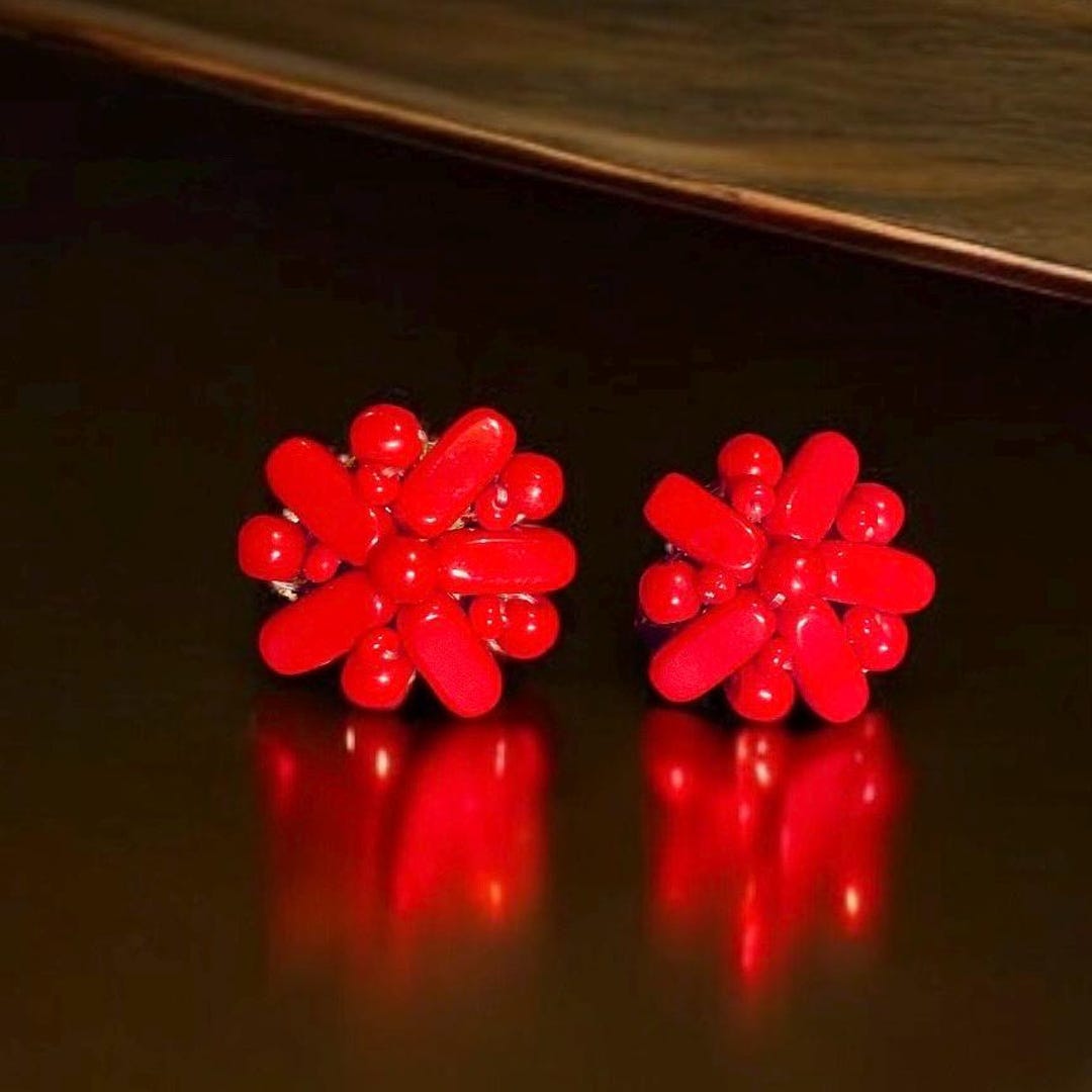 Boucles D'oreilles Clips Vintage Années 50-60 En Verre Rouge - Authentique Et Rétro !