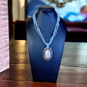 Baby Blue Seed Beaded Abalone  Shell Pendant Necklace