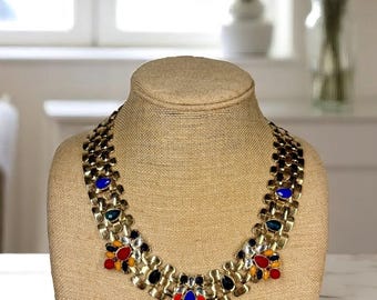 Multi Colored Rhinestone Gold Tone Statement Collar Necklace