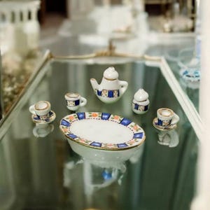 Vintage Miniature Dollhouse Tea Set Teapot Cup Saucer Creamer Sugar Dish Platter