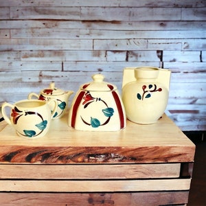 Vintage Puriton Slip Ware Red Blossom Ivy Sugar Bowl Creamer Vase Canister Set