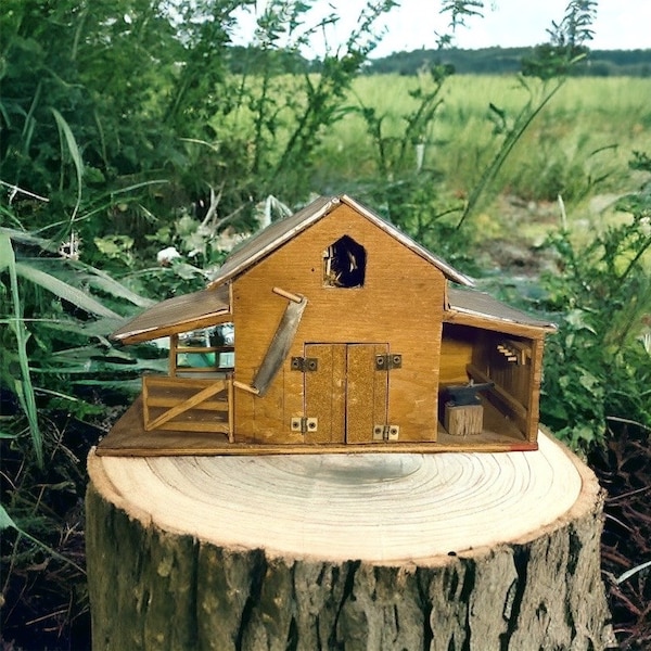 Handmade Miniature Wooden & Tin Barn Stable