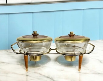 MCM  Georges Briard Casserole Chafing Stand With Two Fire King Glass Bowls