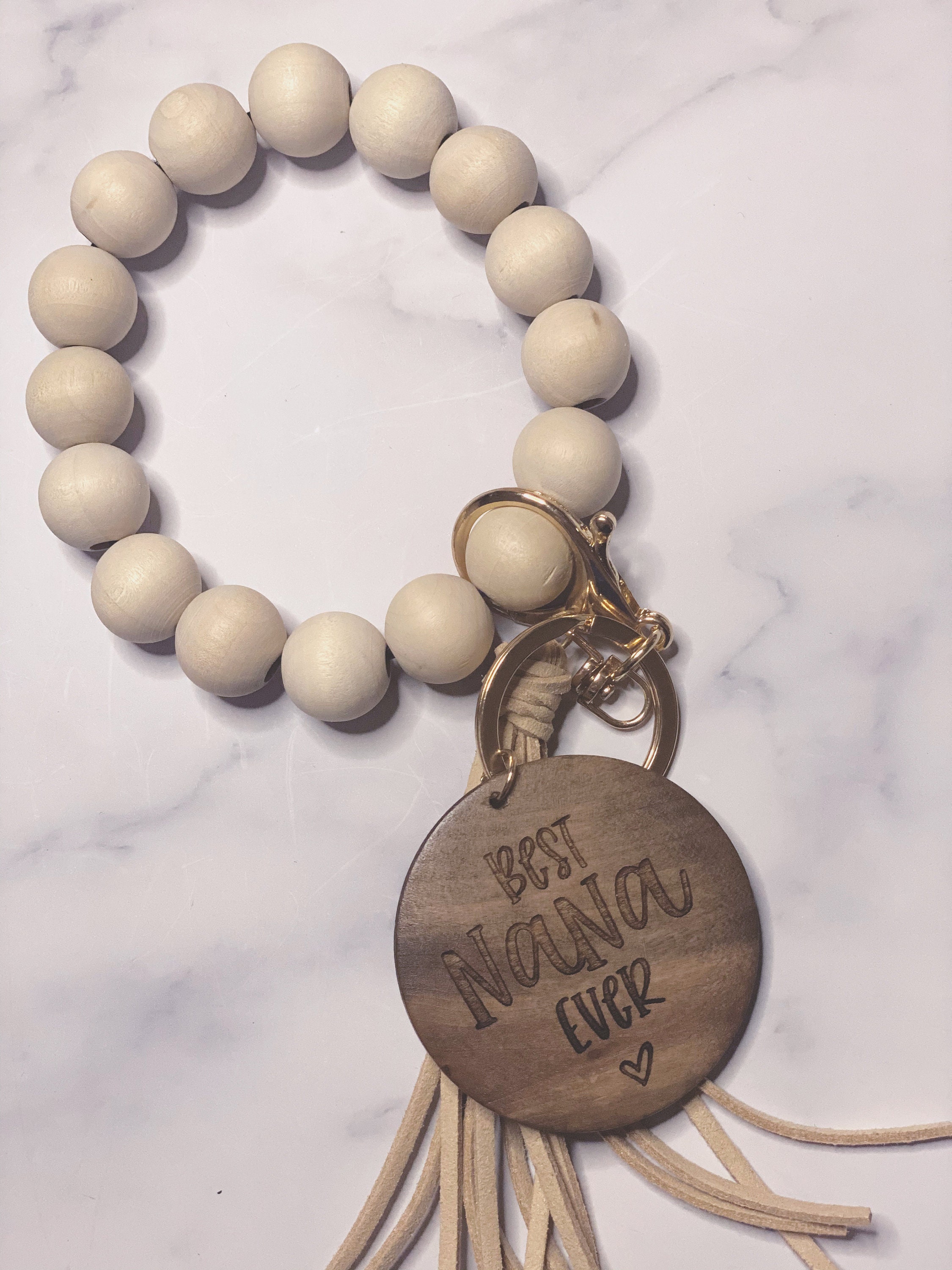 Wood Beaded Stretchy Keychain Bracelet with Wooden Round Etsy