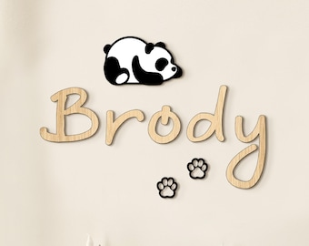 Personalized panda nursery name sign Wooden baby name wall decor Custom jungle animal name plaque for kids' room Panda-themed Nursery decor