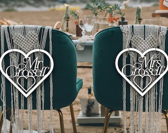 Personalized bride and groom wedding chair sign Mr and Mrs chair signs Circle Geometric sign Wooden chair back sign Decorative wedding signs