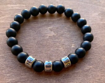 Customized men's black onyx with silver beads bracelet Personalized gift for him Personalized bracelet Engraved name beads Gemstone bracelet