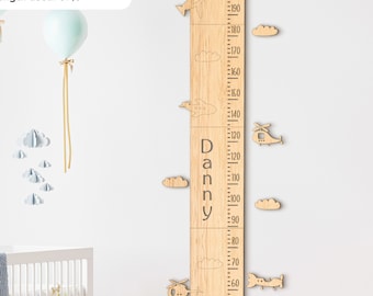 Personalized wooden growth chart Airplane height chart Family name chart Kids growth ruler wall decor Nursery height ruler Kids ruler Gifts