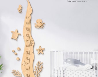 Custom wood ocean themed growth chart Nautical theme for kids room decor Boats height chart Octopus chart ruler Whale tail nursery decor