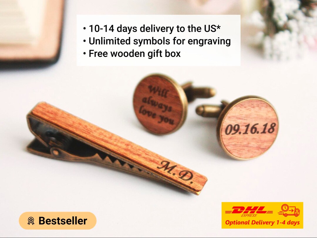 wooden tie clip and cufflinks